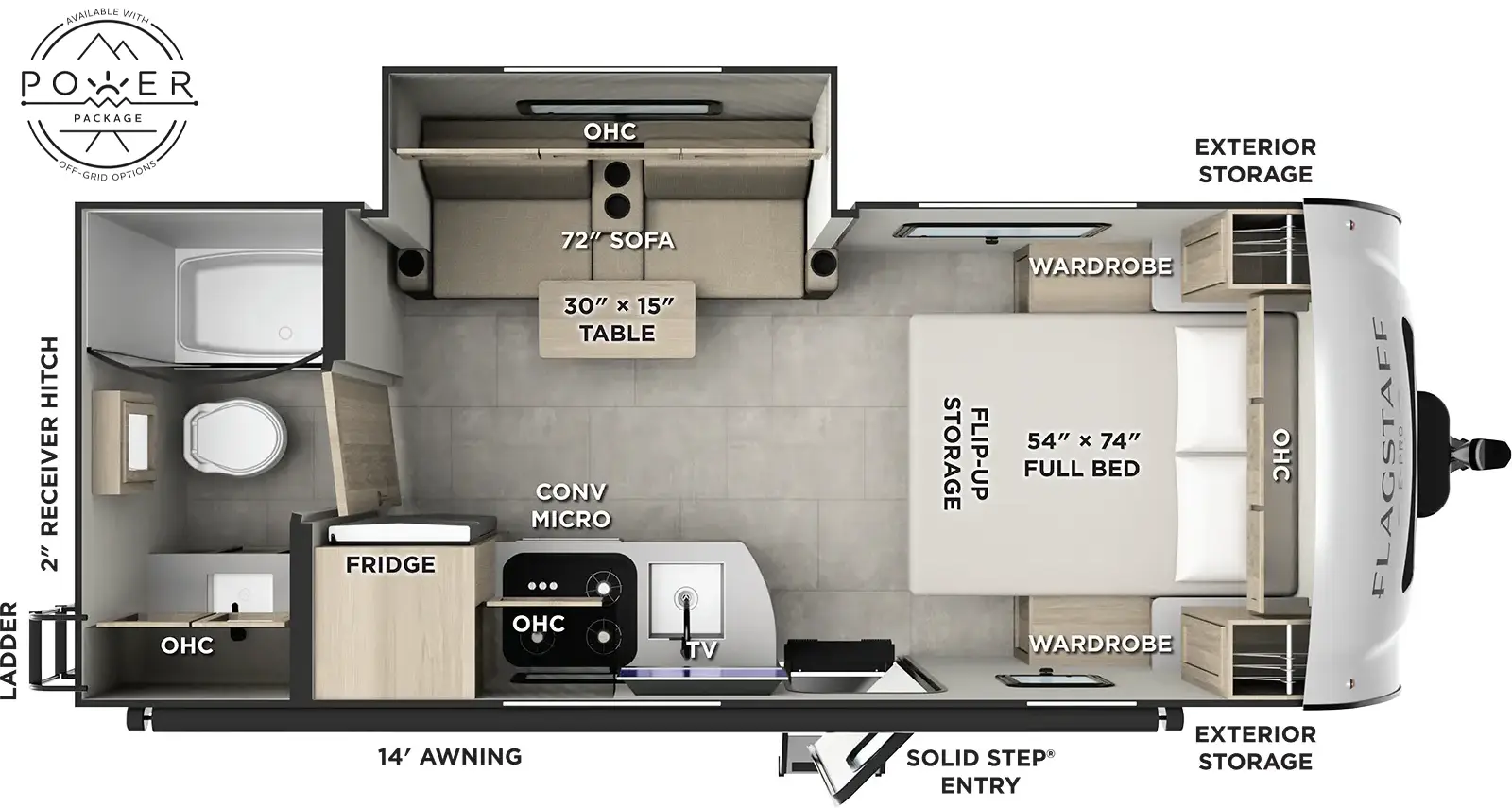 The Flagstaff E-Pro E20FBS floorplan has one entry and one slide out. Exterior features include: fiberglass exterior and 14' awning. Interiors features include: front bedroom and rear bathroom.